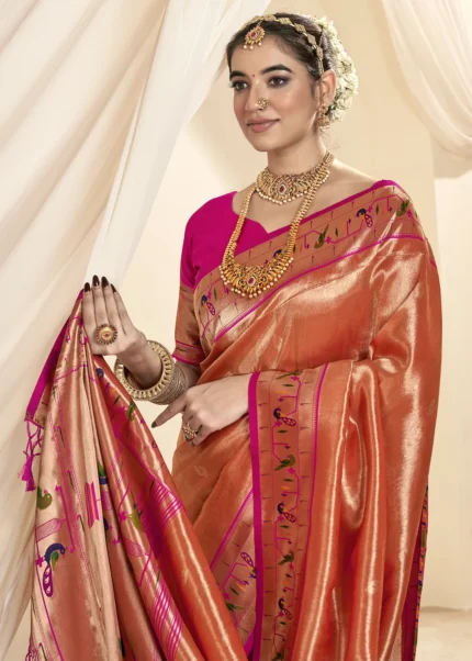 Orange Paithani Tissue Silk Saree with Pink Blouse