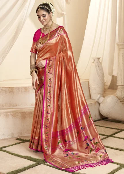 Orange Paithani Tissue Silk Saree with Pink Blouse