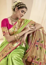 Parrot Green Paithani Tissue Silk Saree with Pink Blouse