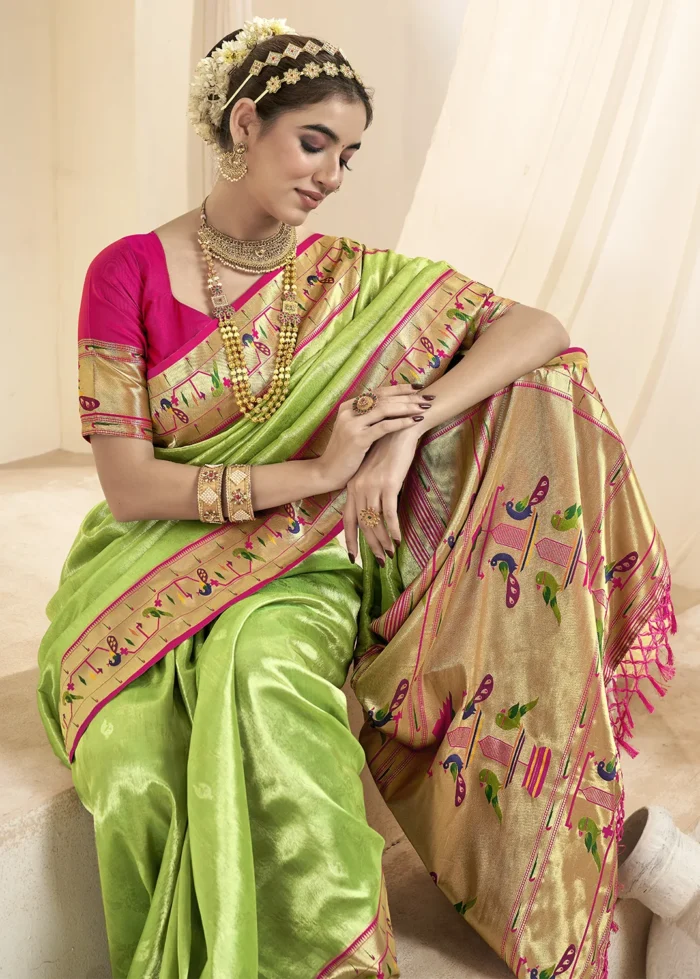 Parrot Green Paithani Tissue Silk Saree with Pink Blouse