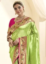 Parrot Green Paithani Tissue Silk Saree with Pink Blouse