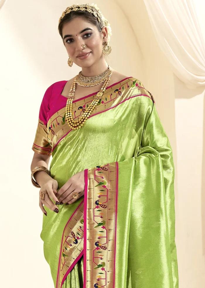 Parrot Green Paithani Tissue Silk Saree with Pink Blouse