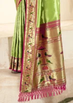 Parrot Green Paithani Tissue Silk Saree with Pink Blouse