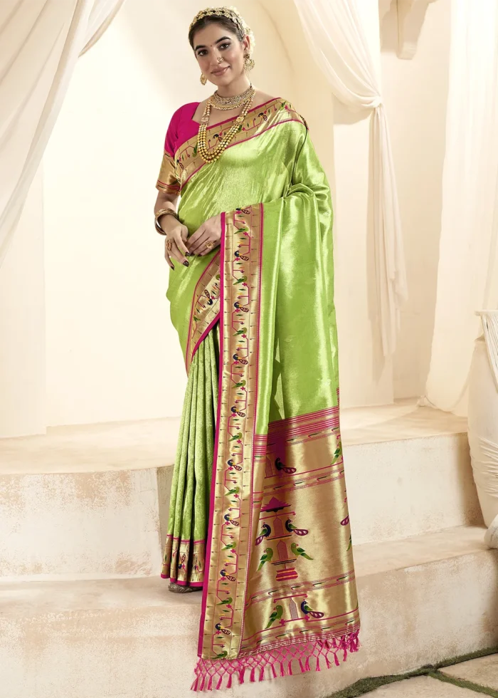 Parrot Green Paithani Tissue Silk Saree with Pink Blouse