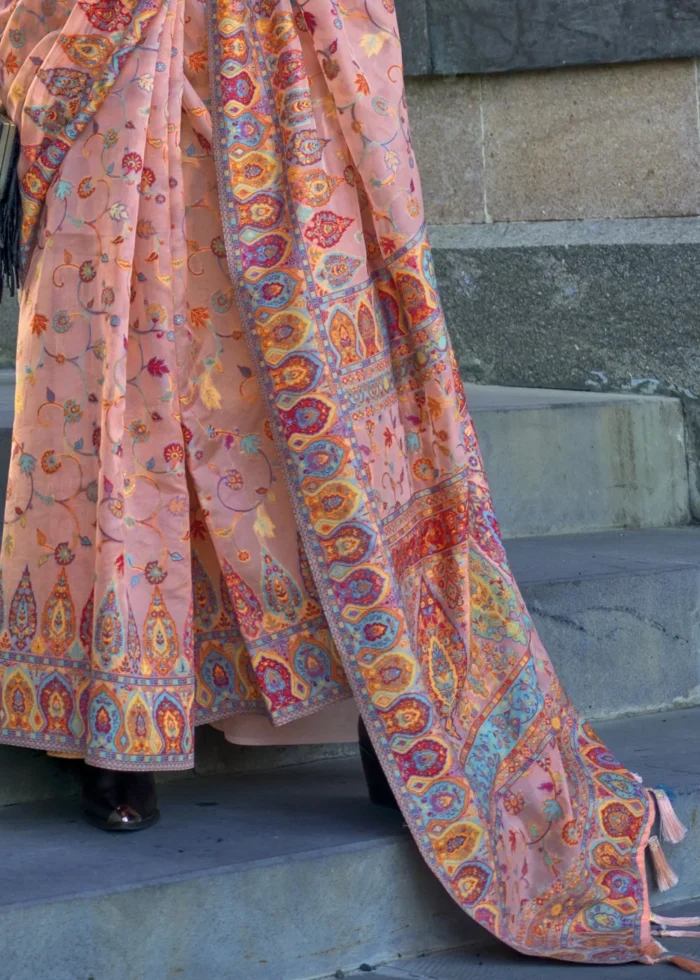 Peach Kashmiri Jamawar Organza Saree