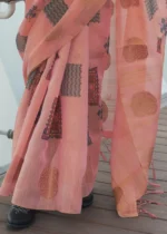 Peachy Pink Printed Linen Silk Saree with Zari Weaving