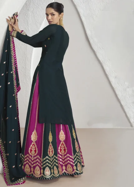 Peacock Blue Embroidered Chinon Silk Lehenga Suit