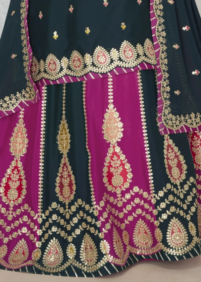 Peacock Blue Embroidered Chinon Silk Lehenga Suit