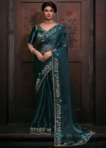 Peacock Blue Organza Silk Saree with Stone Work