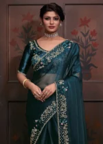 Peacock Blue Organza Silk Saree with Stone Work