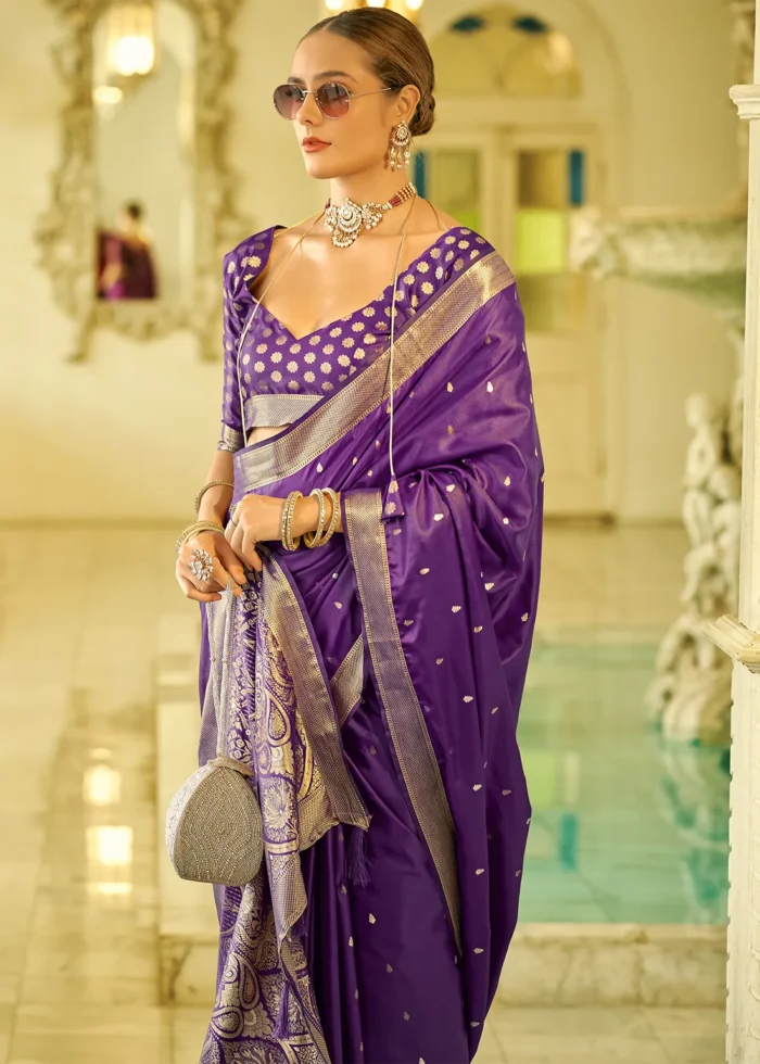 Purple Banarasi Satin Silk Saree with Brocade Bouse