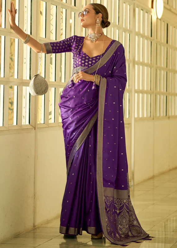 Purple Banarasi Satin Silk Saree with Brocade Bouse