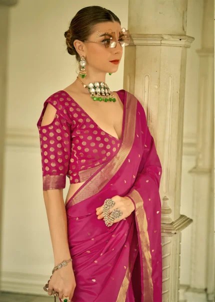 Raspberry Pink Banarasi Satin Silk Saree with Brocade Bouse