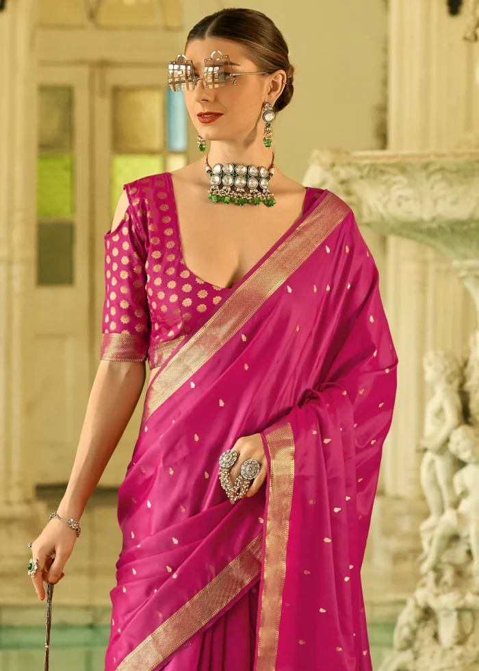 Raspberry Pink Banarasi Satin Silk Saree with Brocade Bouse