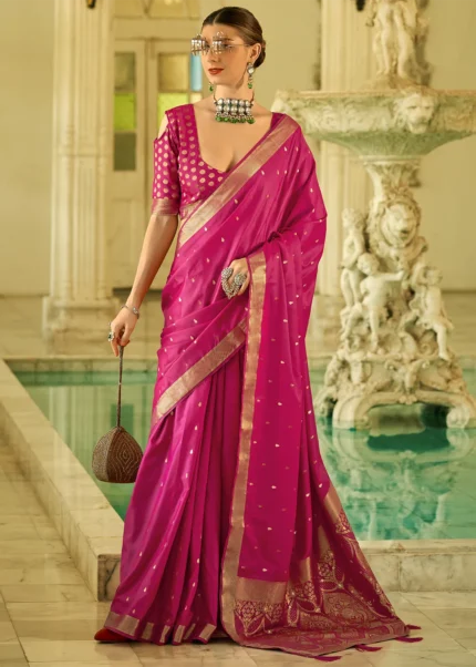 Raspberry Pink Banarasi Satin Silk Saree with Brocade Bouse