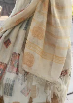 Silver Gray Printed Linen Silk Saree with Zari Weaving