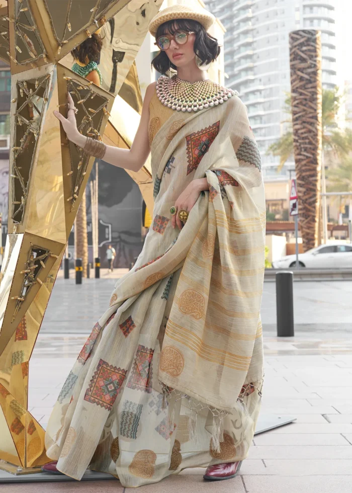 Silver Gray Printed Linen Silk Saree with Zari Weaving