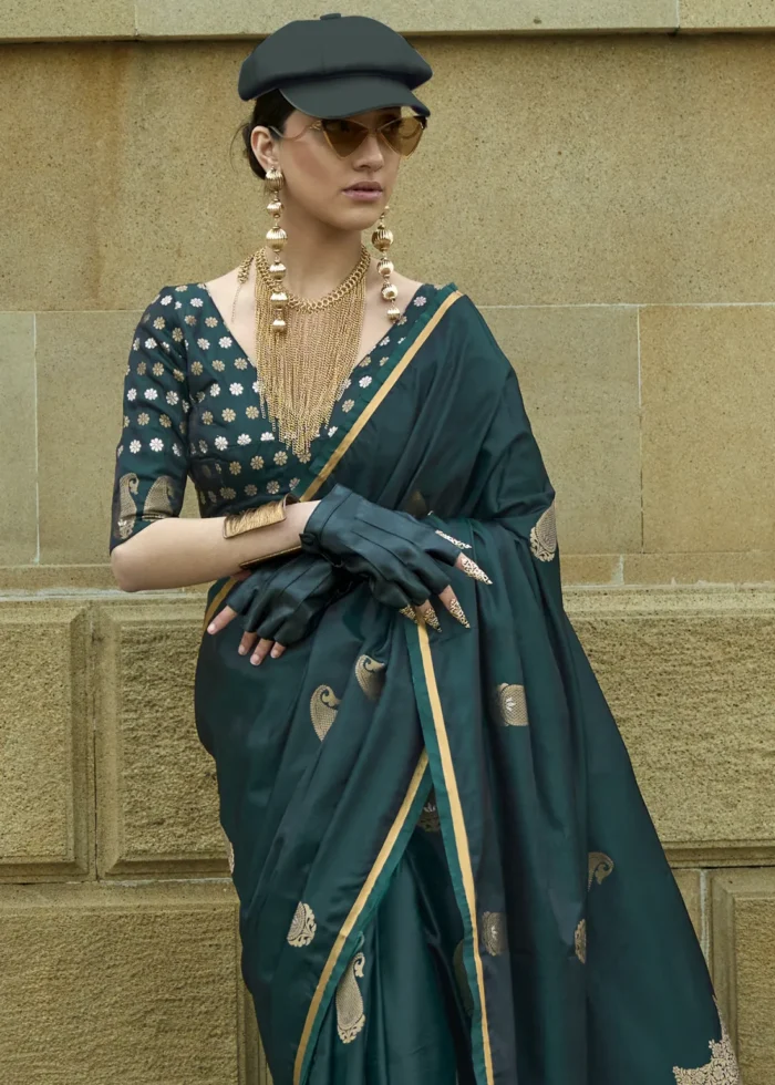 Teal Banarasi Satin Saree with Brocade Blouse