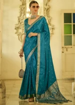 Teal Blue Banarasi Satin Silk Saree with Brocade Bouse