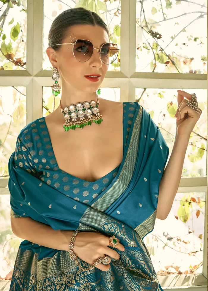 Teal Blue Banarasi Satin Silk Saree with Brocade Bouse