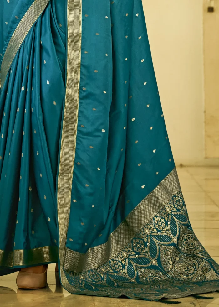 Teal Blue Banarasi Satin Silk Saree with Brocade Bouse