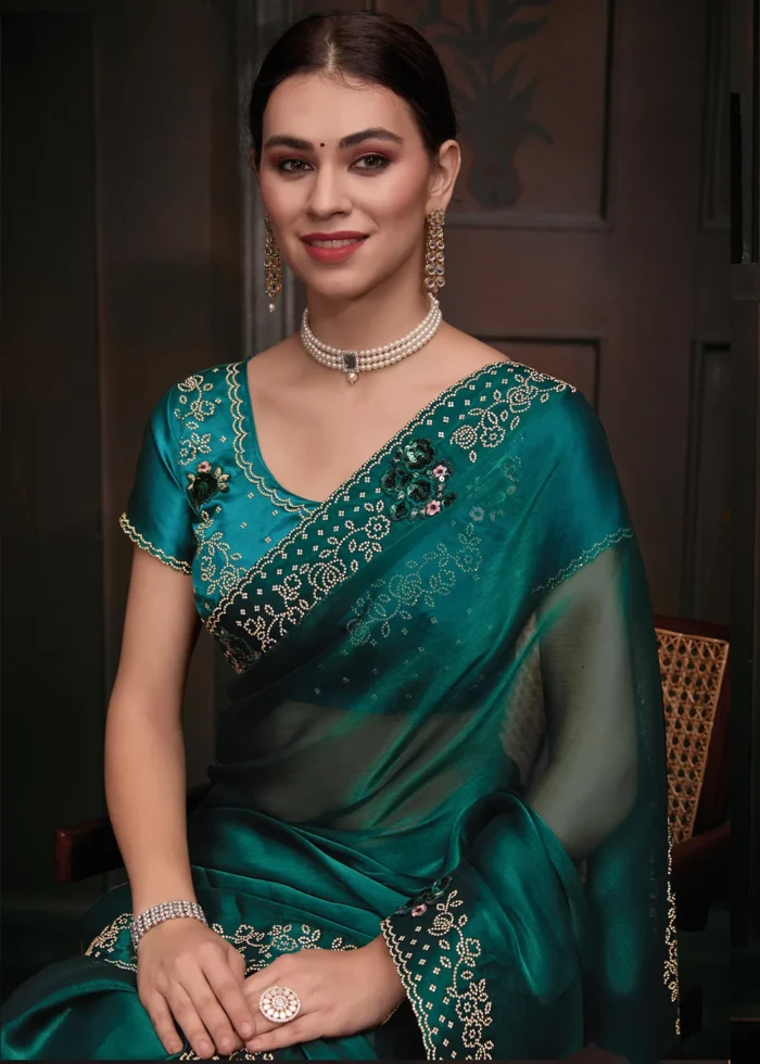 Teal Organza Silk Saree with Stone Work