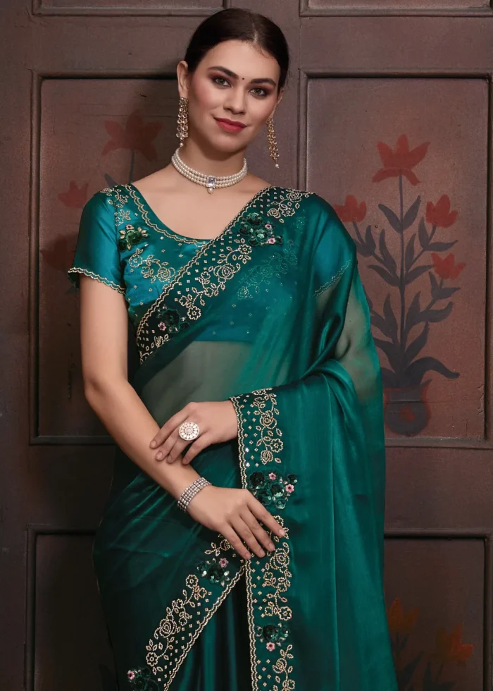 Teal Organza Silk Saree with Stone Work