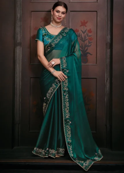 Teal Organza Silk Saree with Stone Work