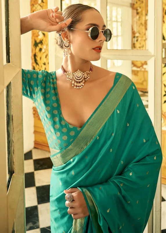 Turquoise Banarasi Satin Silk Saree with Brocade Bouse