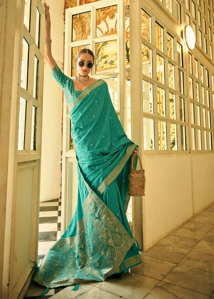 Turquoise Banarasi Satin Silk Saree with Brocade Bouse