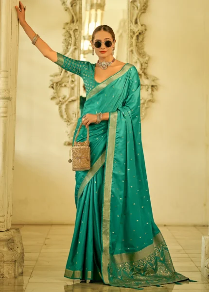 Turquoise Banarasi Satin Silk Saree with Brocade Bouse