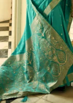 Turquoise Banarasi Satin Silk Saree with Brocade Bouse