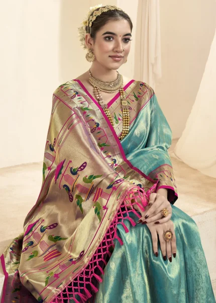 Turquoise Paithani Tissue Silk Saree with Pink Blouse