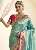 Turquoise Paithani Tissue Silk Saree with Pink Blouse