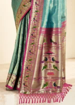 Turquoise Paithani Tissue Silk Saree with Pink Blouse