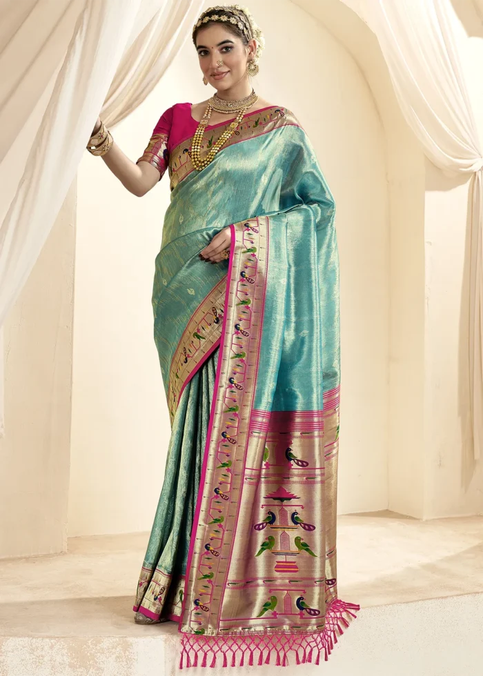 Turquoise Paithani Tissue Silk Saree with Pink Blouse