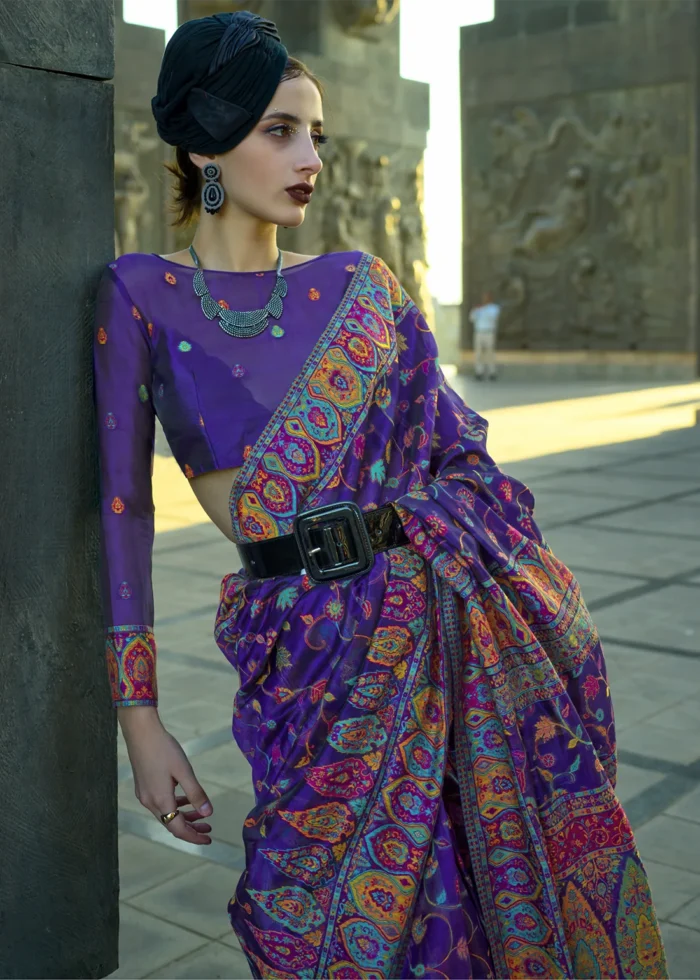 Violet Kashmiri Jamawar Organza Saree