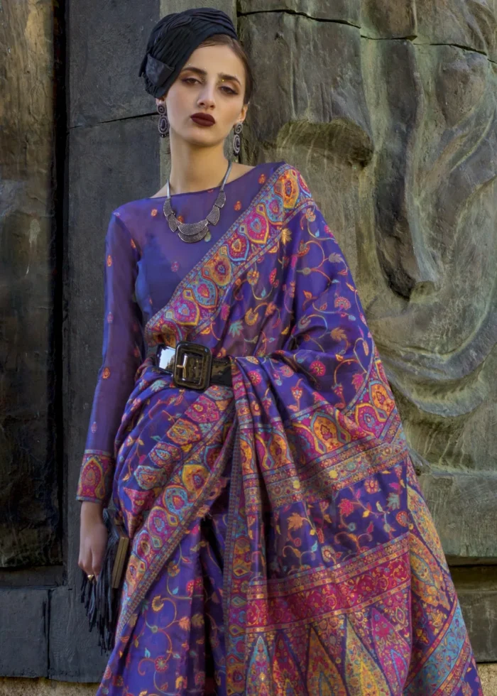 Violet Kashmiri Jamawar Organza Saree