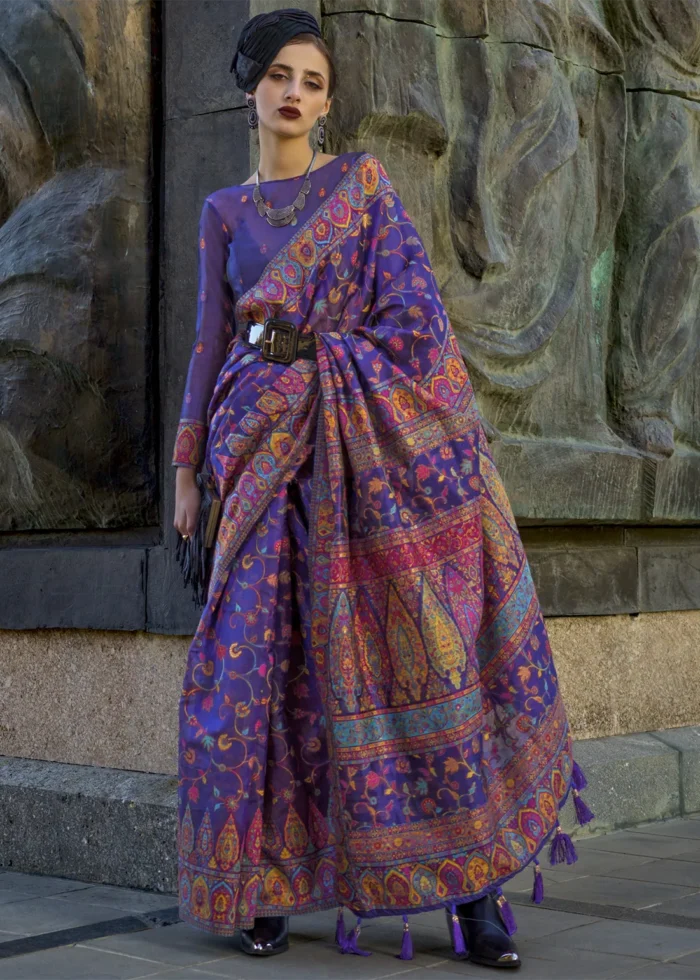 Violet Kashmiri Jamawar Organza Saree