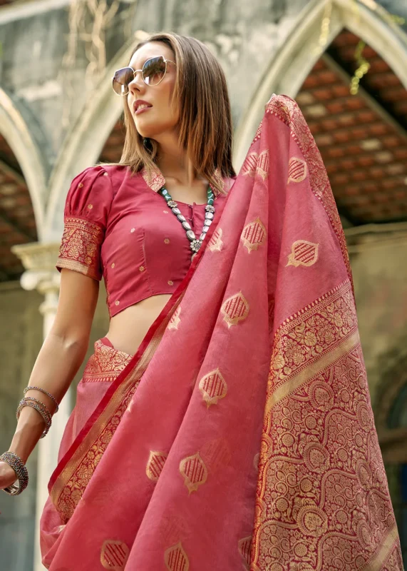 Watermelon Pink Banarasi Tissue Silk Saree