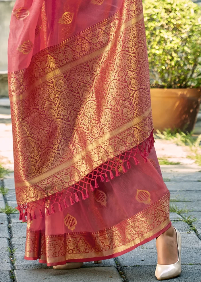 Watermelon Pink Banarasi Tissue Silk Saree