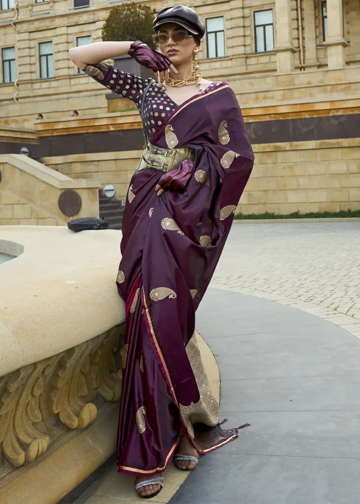 Wine Banarasi Satin Saree with Brocade Blouse