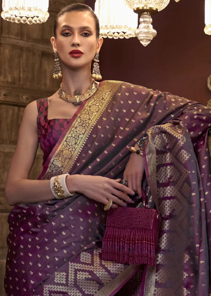 Wine Banarasi Satin Silk Saree