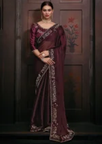 Wine Organza Silk Saree with Stone Work