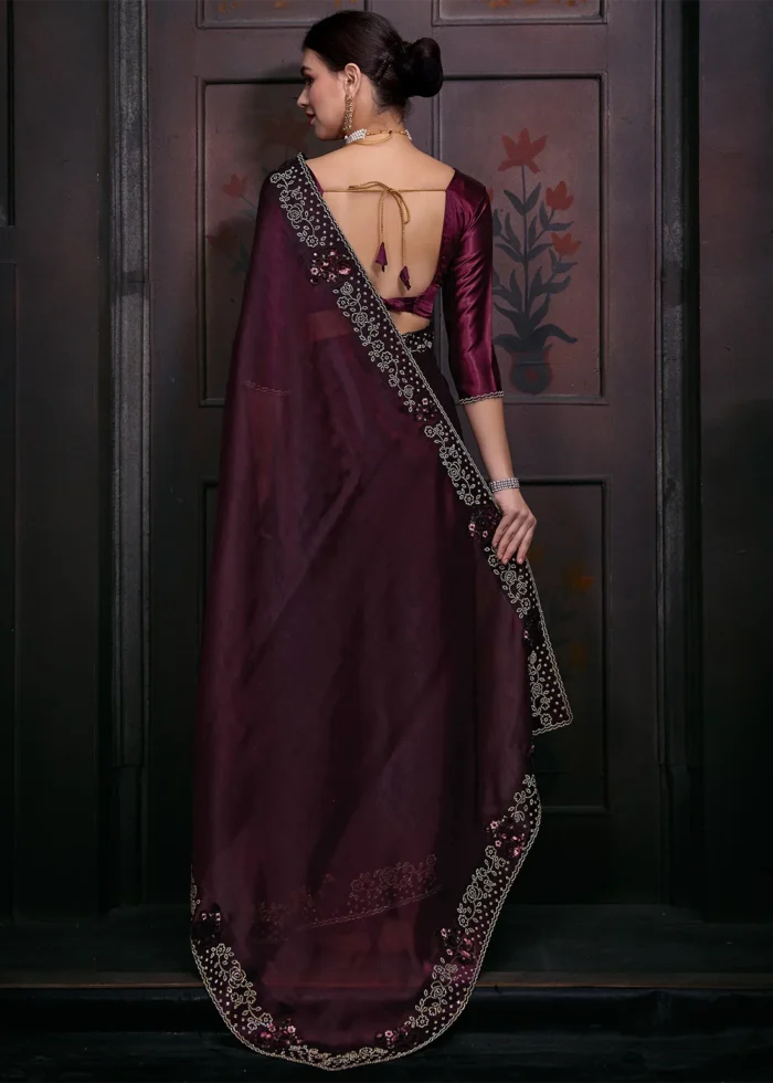 Wine Organza Silk Saree with Stone Work