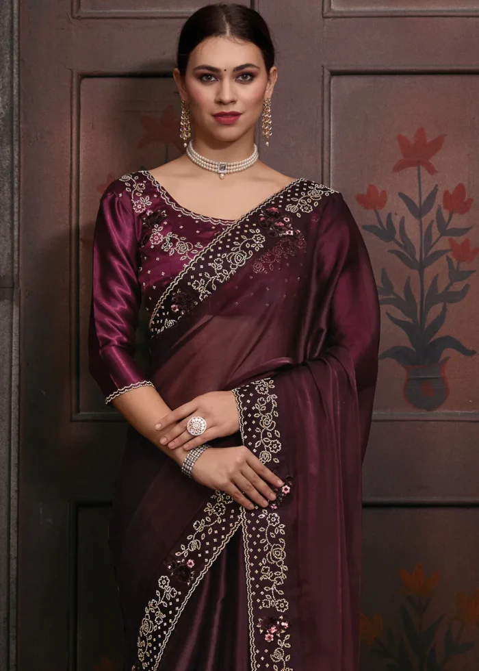 Wine Organza Silk Saree with Stone Work