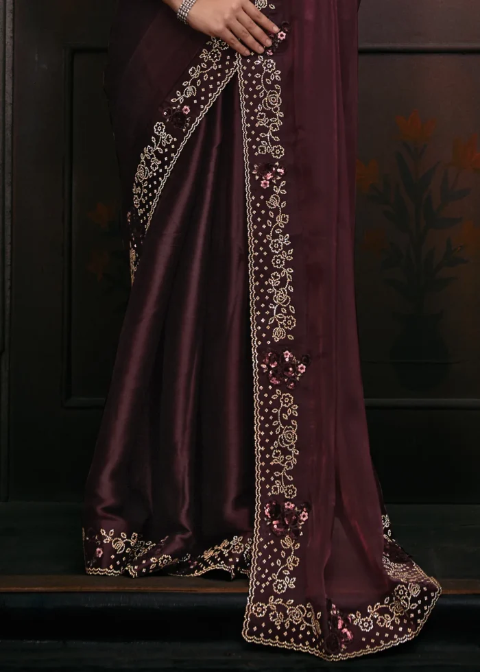 Wine Organza Silk Saree with Stone Work