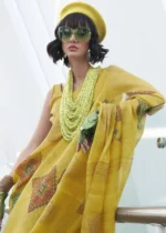 Yellow Printed Linen Silk Saree with Zari Weaving