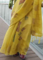 Yellow Printed Linen Silk Saree with Zari Weaving