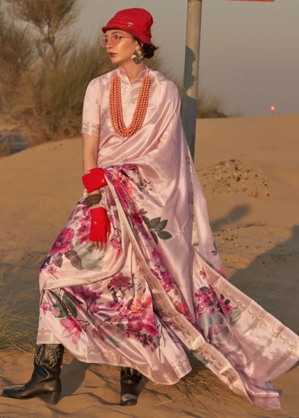 Blush Pink Printed Tussar Silk Saree with Zari Weaving